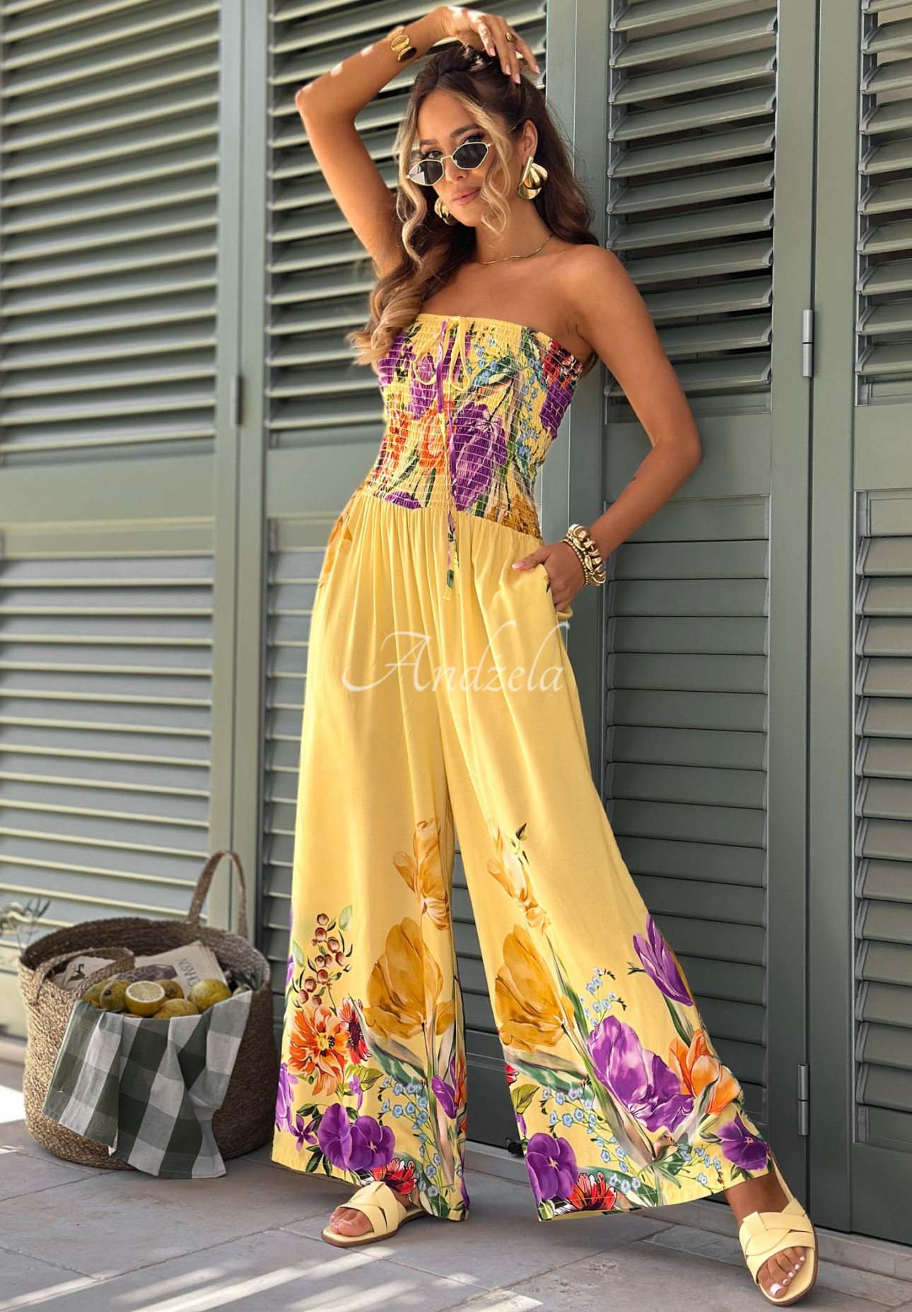 Riviera Blossom Yellow Long Strapless Floral Viscose Jumpsuit