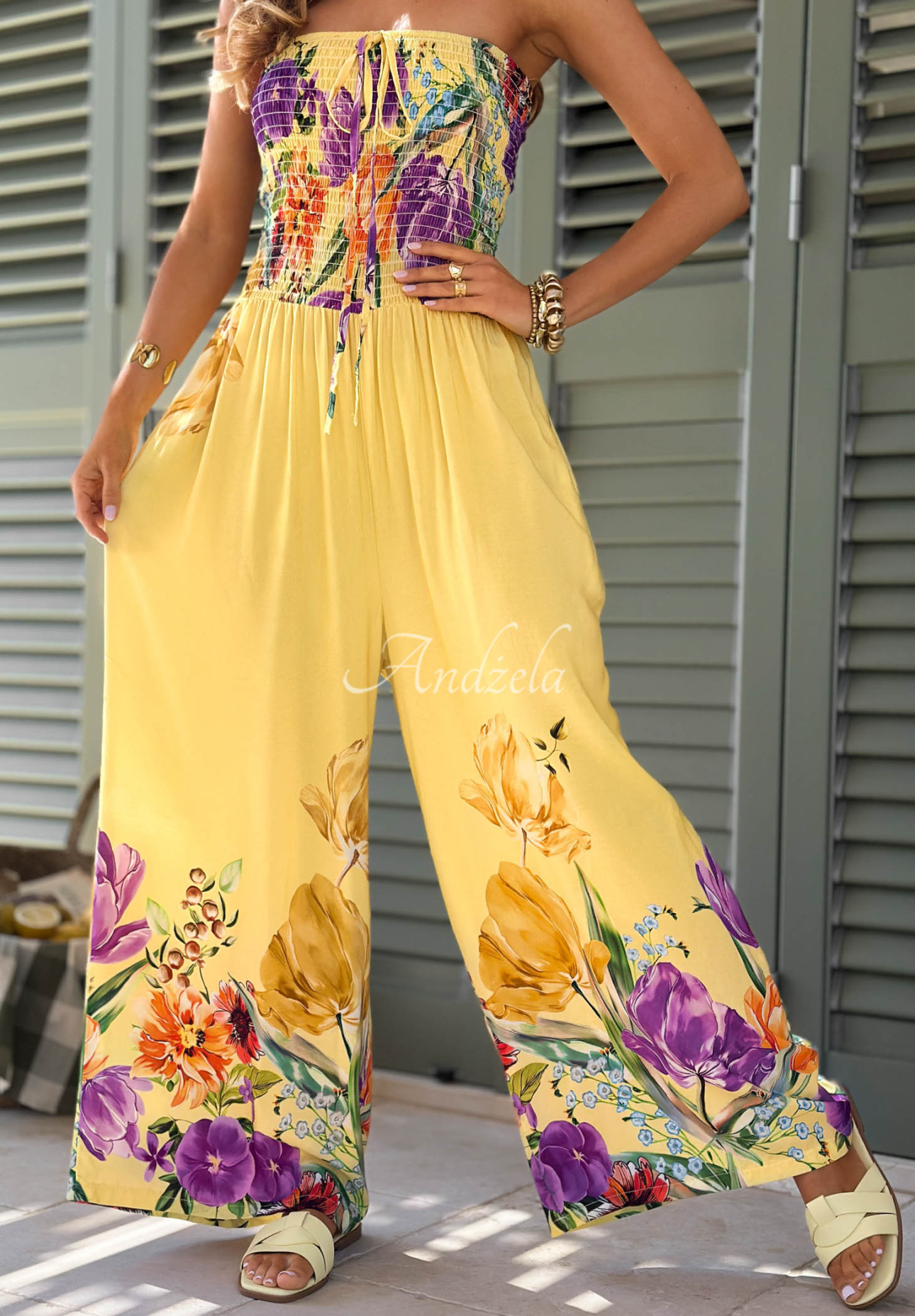 Riviera Blossom Yellow Long Strapless Floral Viscose Jumpsuit