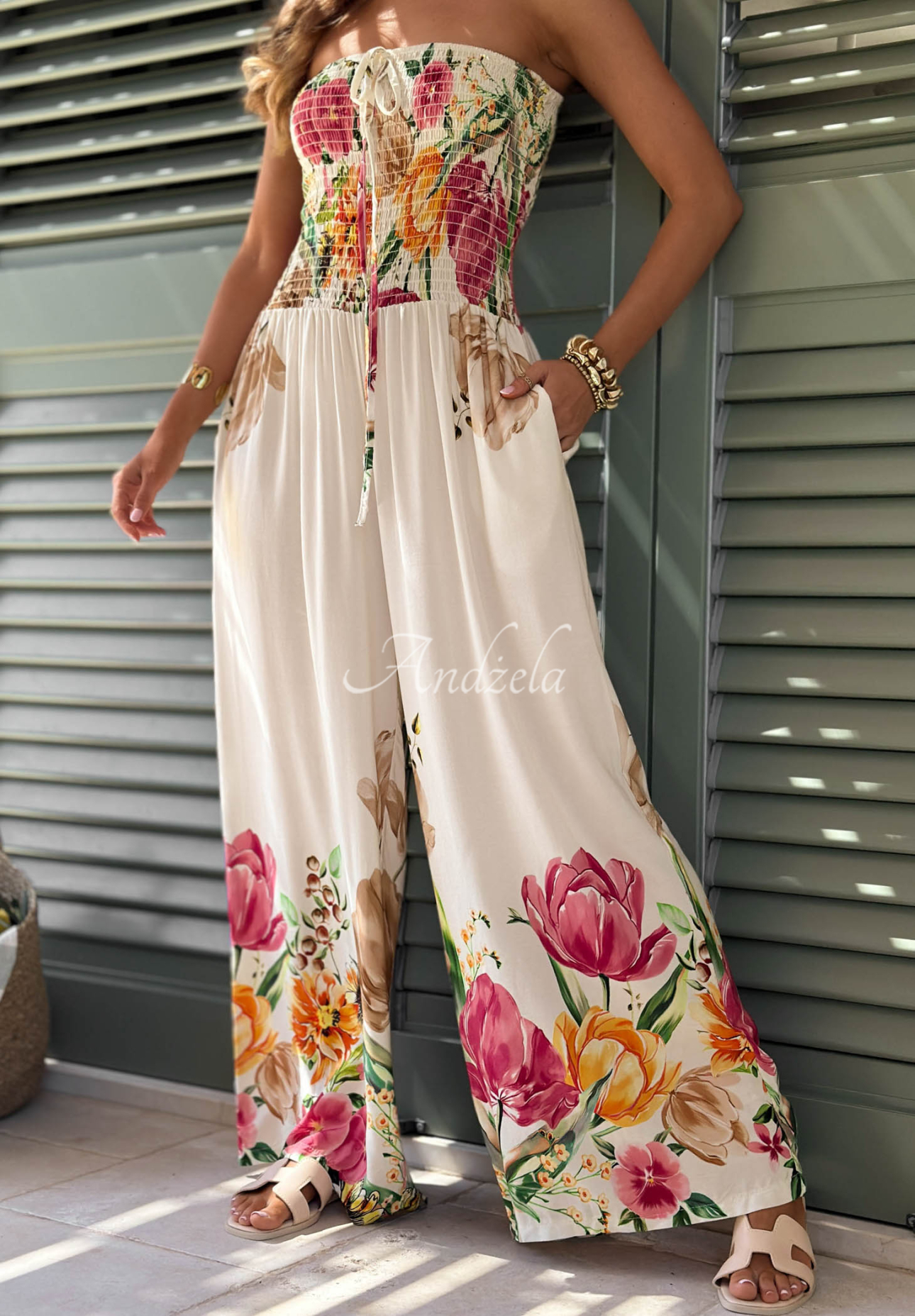 Riviera Blossom Light Beige Long Strapless Floral Viscose Jumpsuit