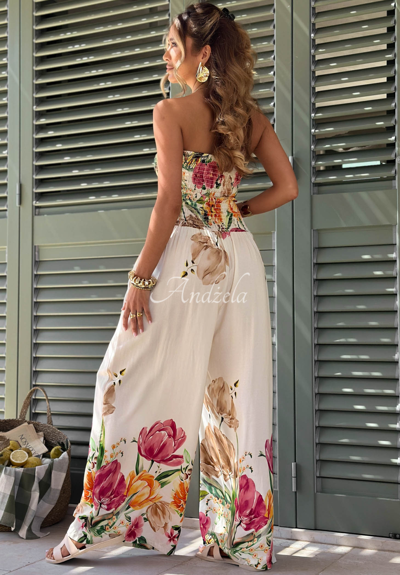 Riviera Blossom Light Beige Long Strapless Floral Viscose Jumpsuit