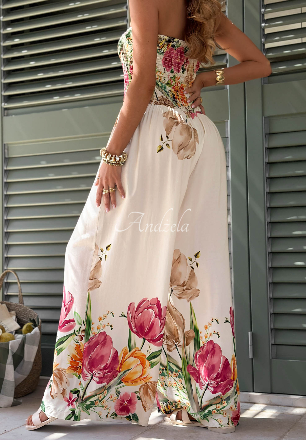 Riviera Blossom Light Beige Long Strapless Floral Viscose Jumpsuit