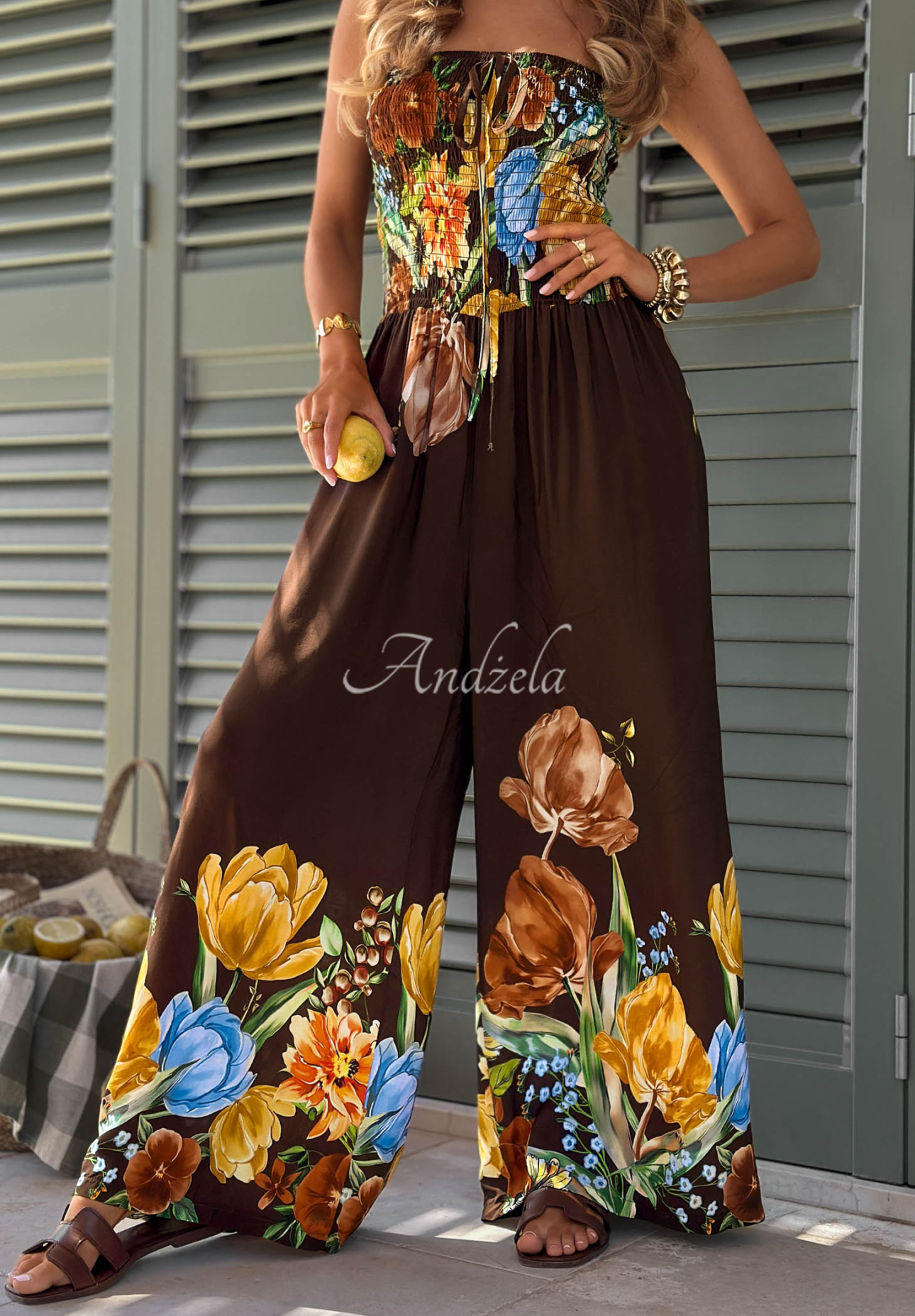 Long, strapless viscose jumpsuit with a floral print in Riviera Blossom chocolate