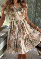 Kwiecista sukienka mini z paskiem Follow The Sun beżowo-zielona