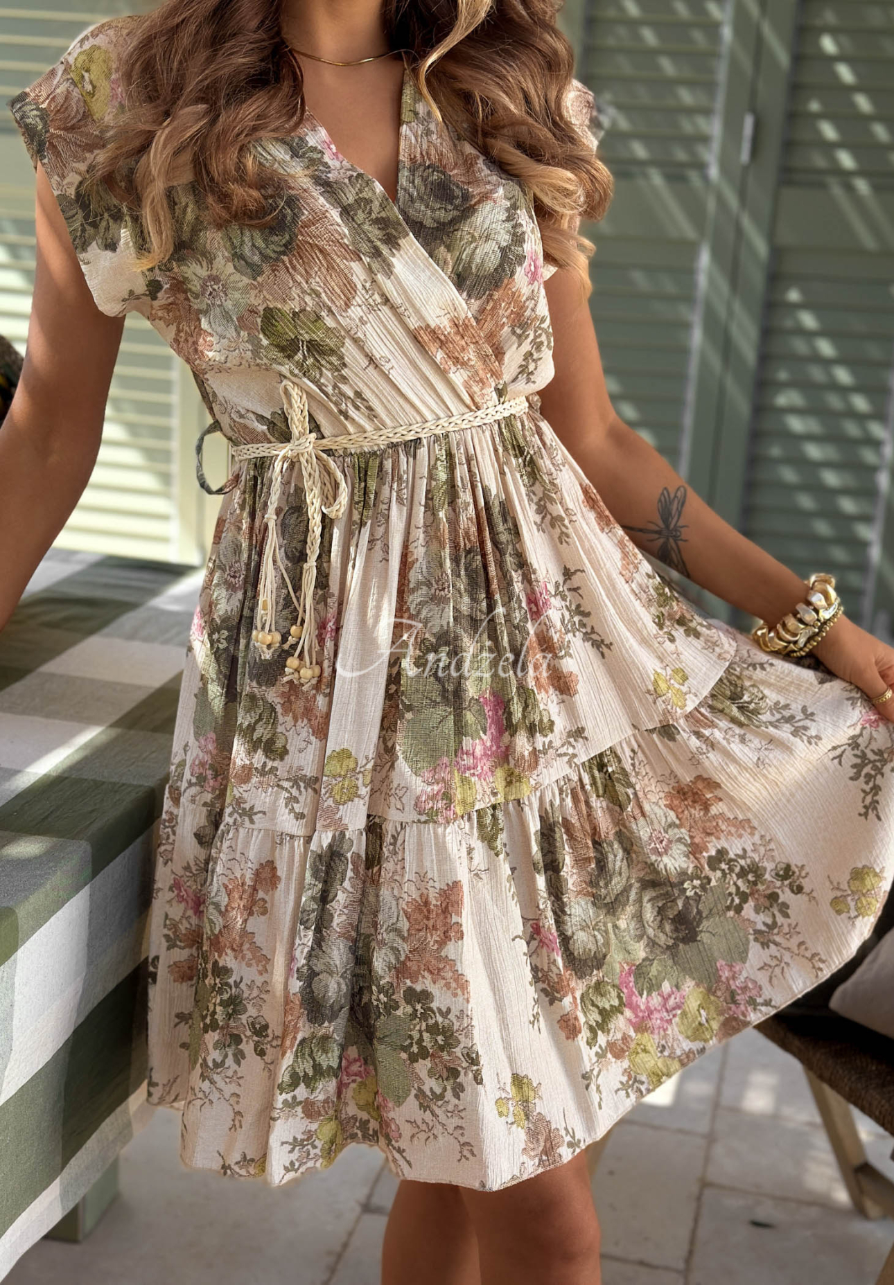 Follow The Sun beige and green floral viscose dress with a belt