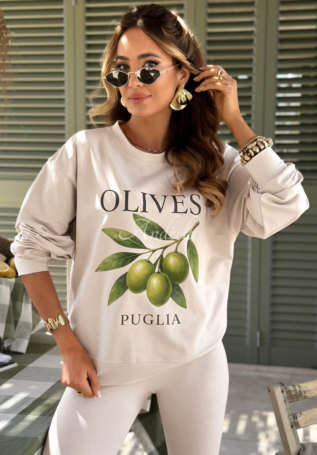 Viva Oliva Beige Cotton Sweatshirt and Leggings Set