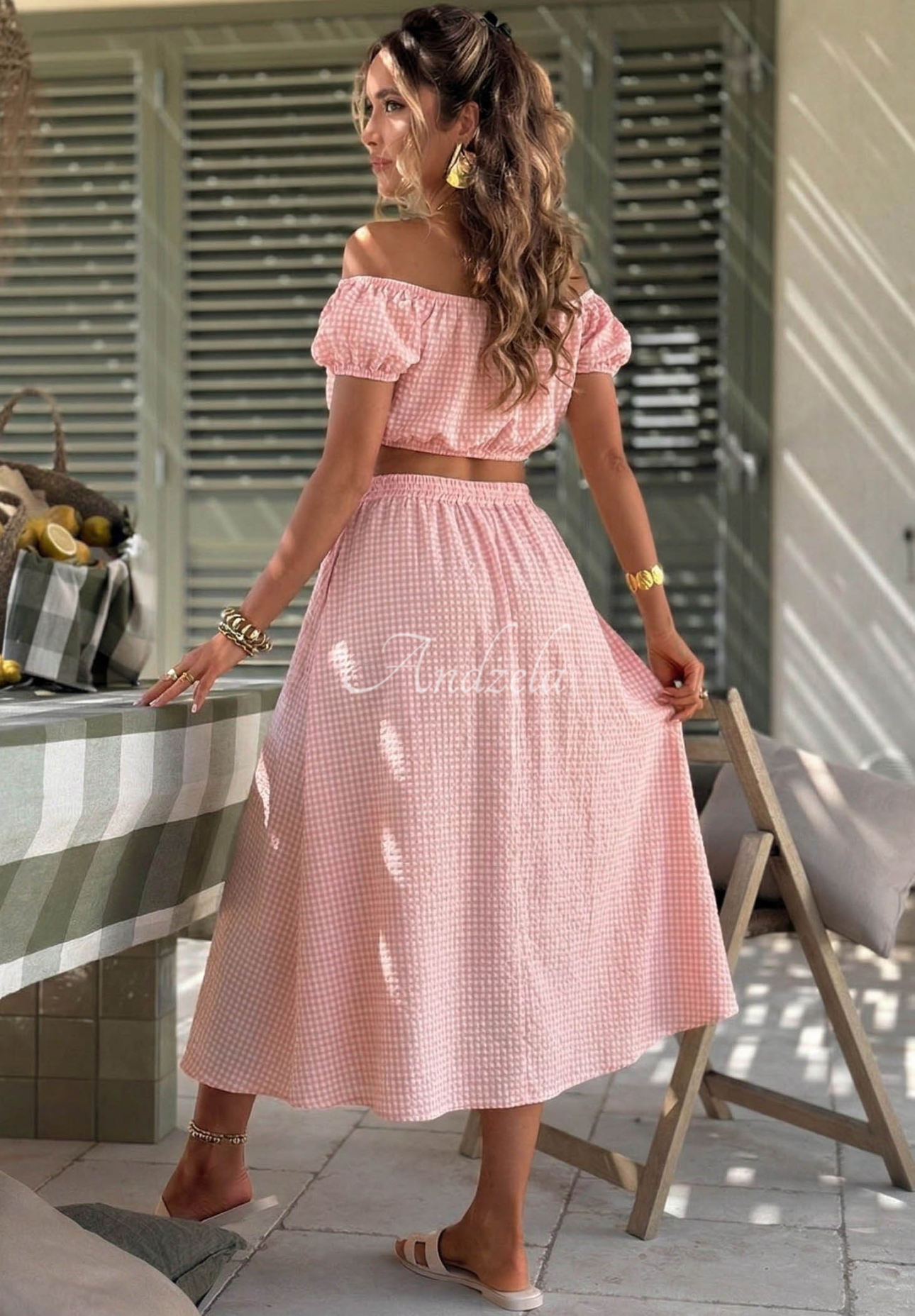 Viscose set: off-the-shoulder blouse and plaid skirt in Flamingo Sunset Pink