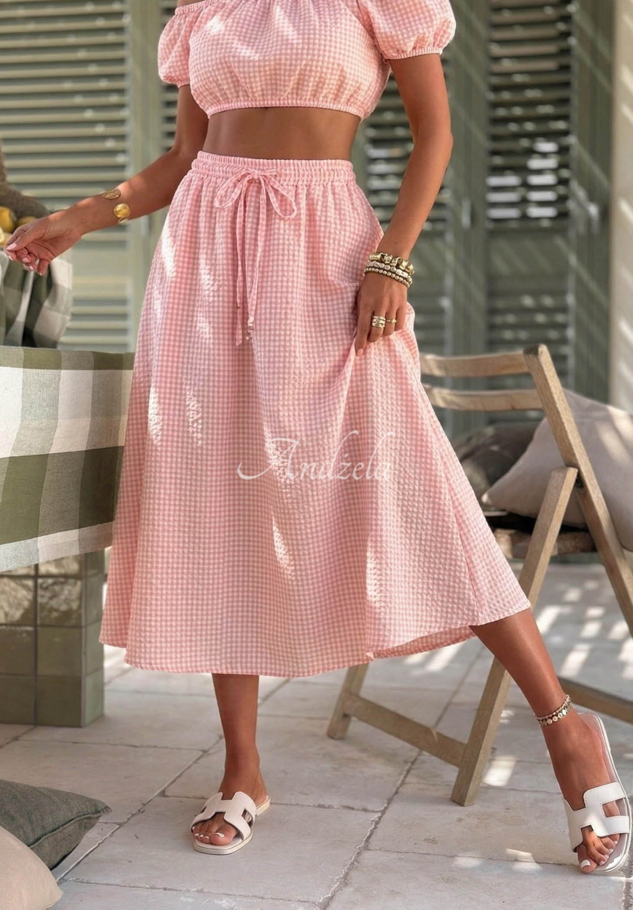 Viscose set: off-the-shoulder blouse and plaid skirt in Flamingo Sunset Pink