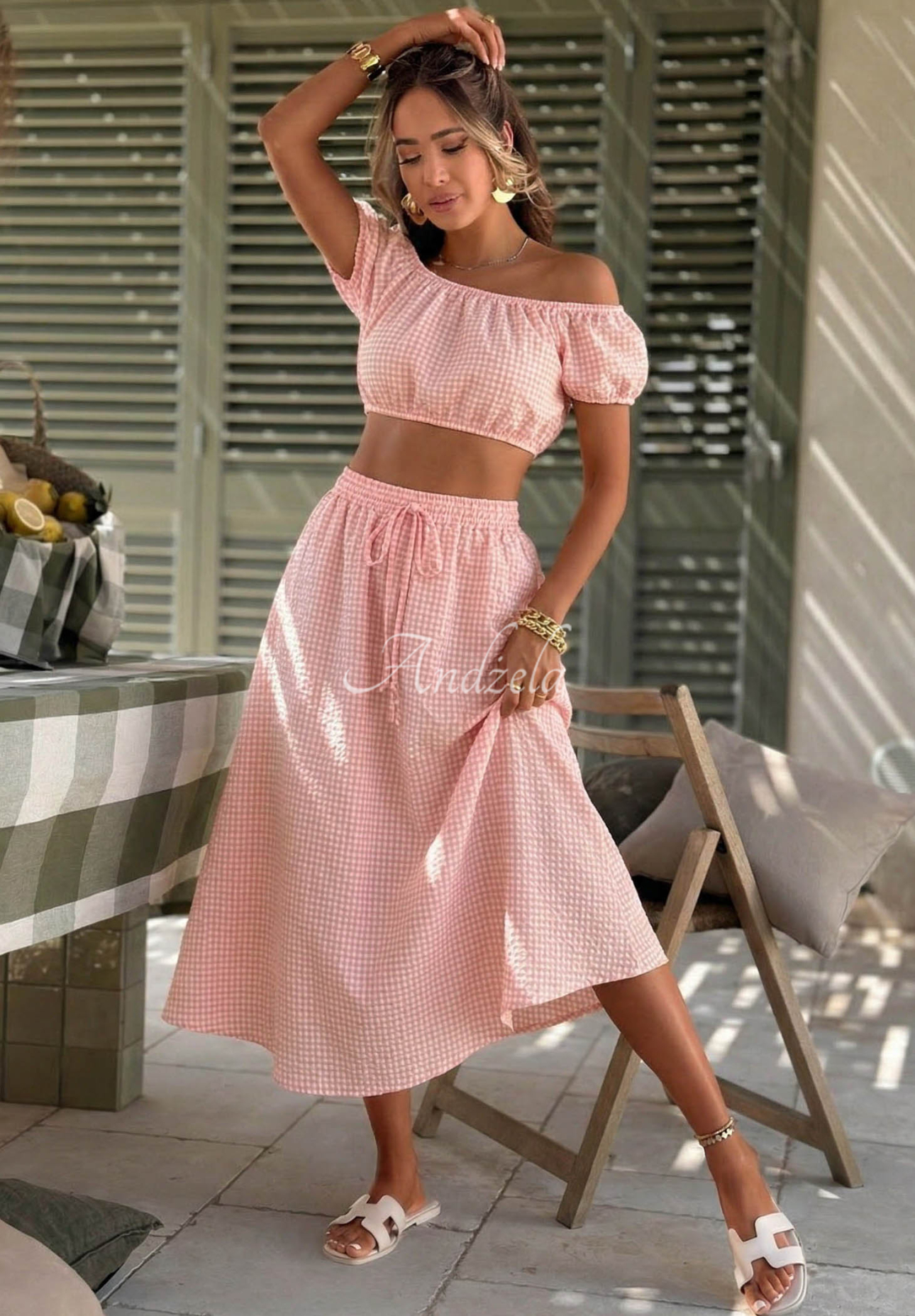 Viscose set: off-the-shoulder blouse and plaid skirt in Flamingo Sunset Pink