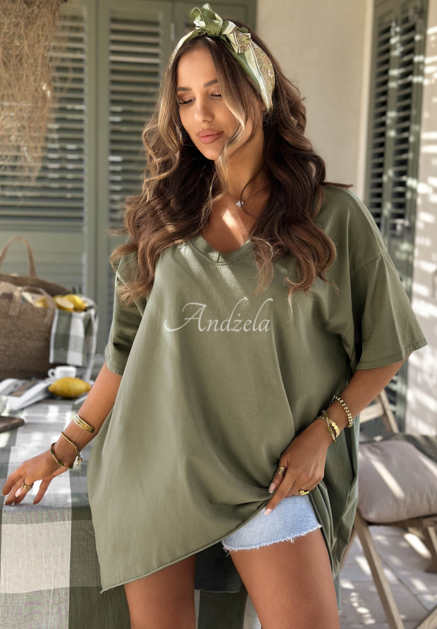 Asymmetrical oversized T-shirt made of khaki Solaviva cotton