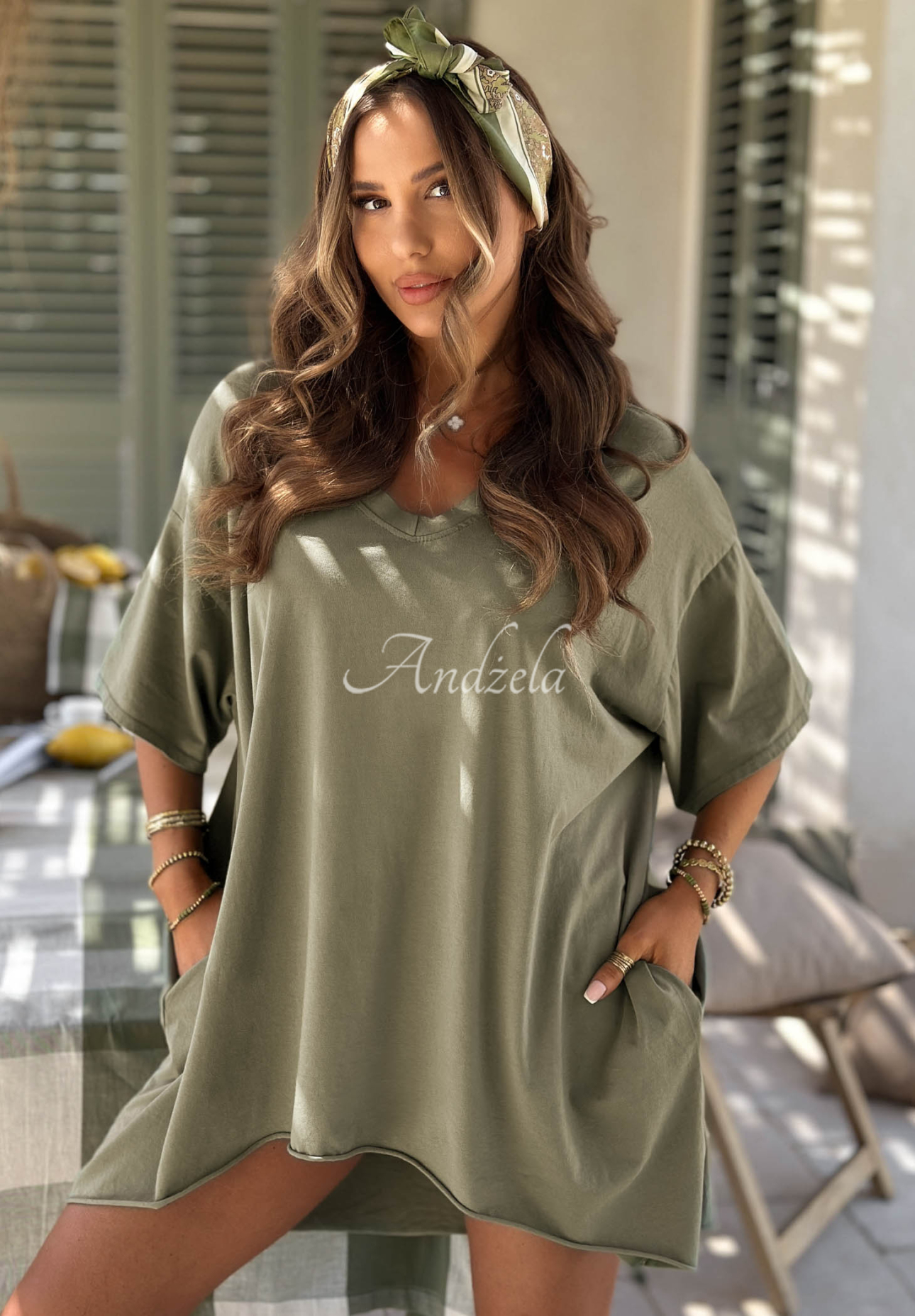 Asymmetrical oversized T-shirt made of khaki Solaviva cotton