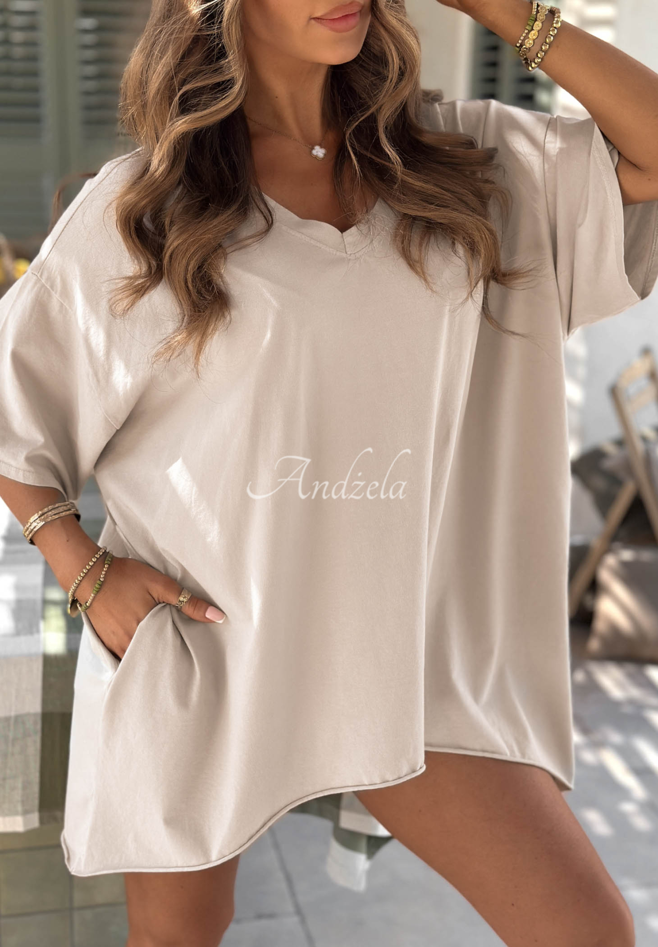 Asymmetrical oversized cotton T-shirt by Solaviva in beige