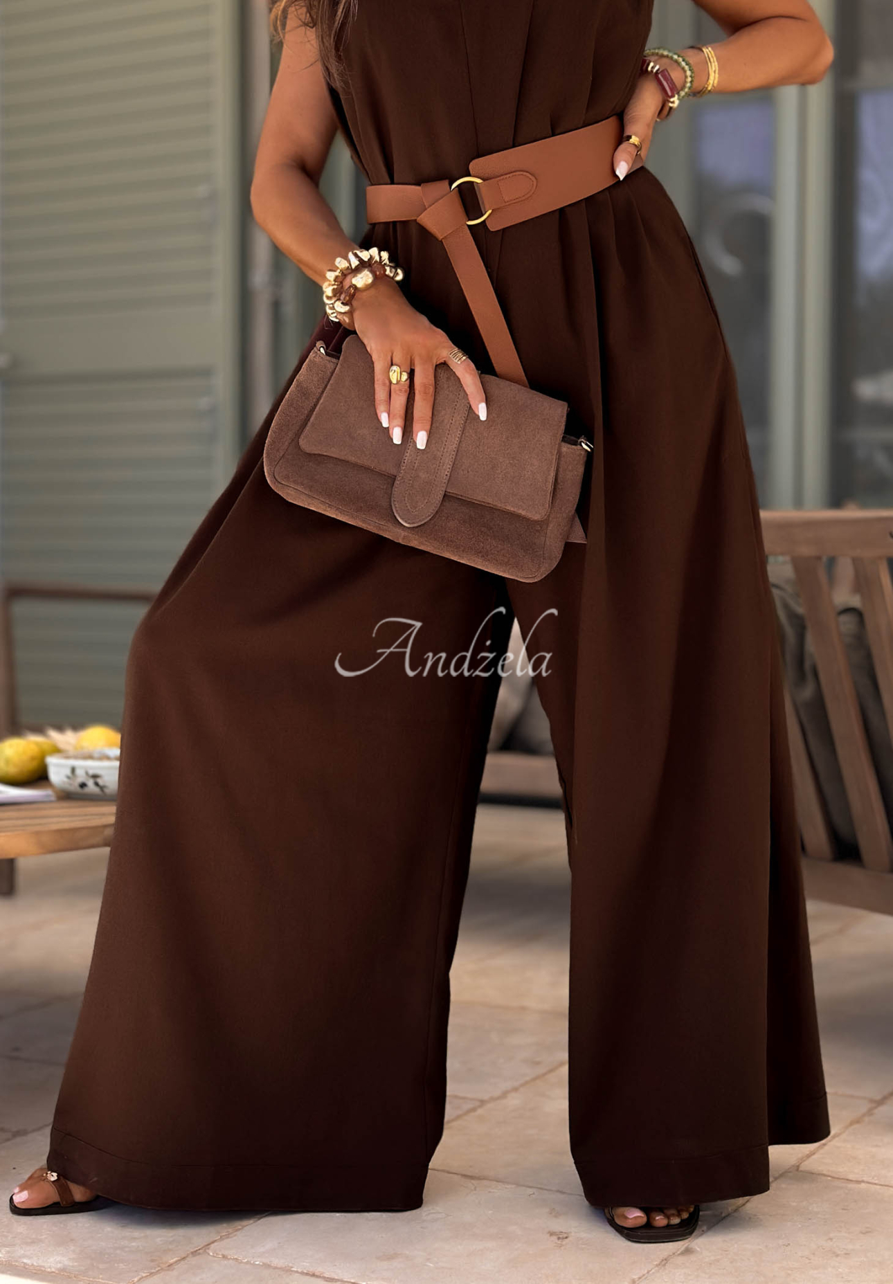 Long linen jumpsuit with wide legs and a belt in chocolate brown