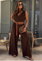 Długi lniany kombinezon z szerokimi nogawkami i paskiem Tanala khaki