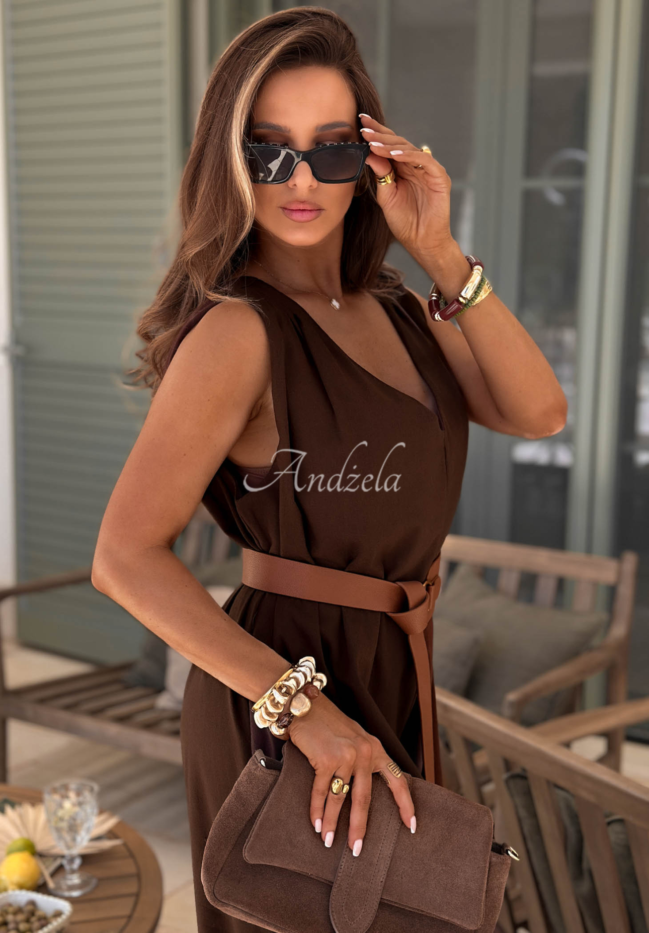 Long linen jumpsuit with wide legs and a belt in chocolate brown