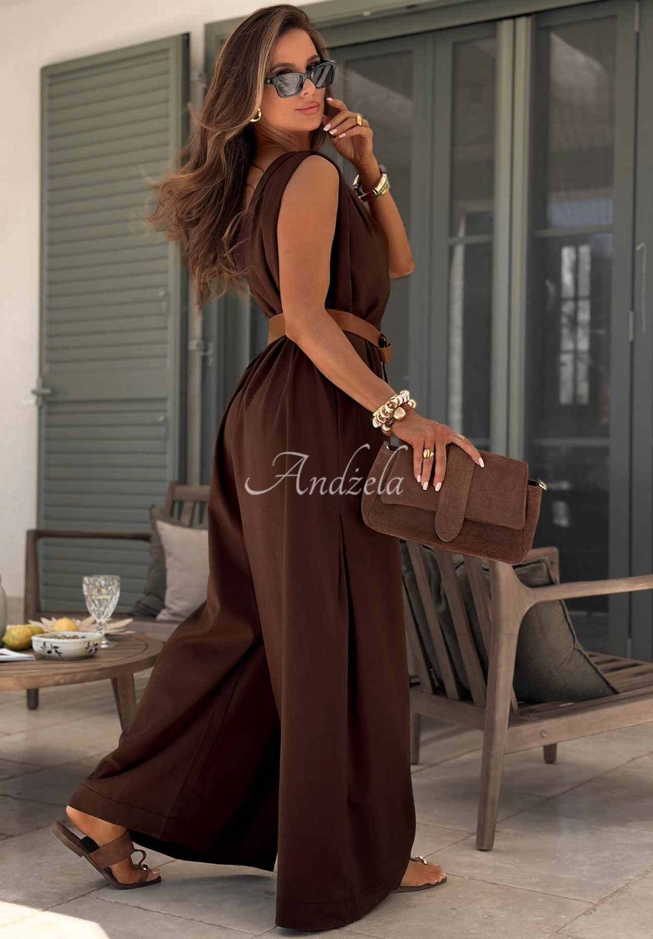 Long linen jumpsuit with wide legs and a belt in chocolate brown