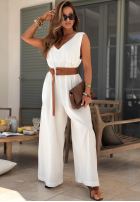 Długi lniany kombinezon z szerokimi nogawkami i paskiem Tanala khaki