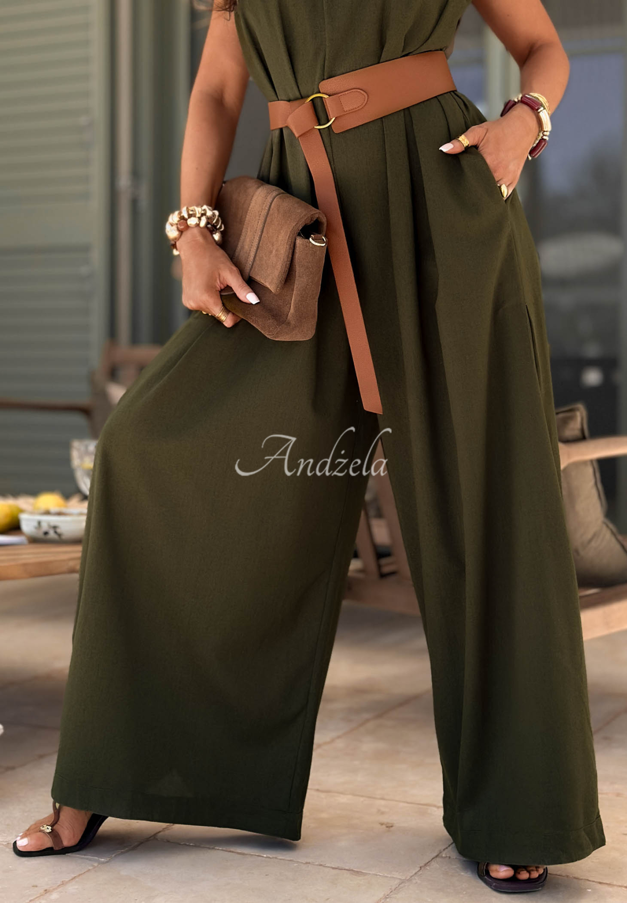 Long linen jumpsuit with wide legs and a belt by Tanala in khaki