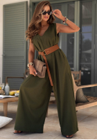 Długi lniany kombinezon z szerokimi nogawkami i paskiem Tanala khaki