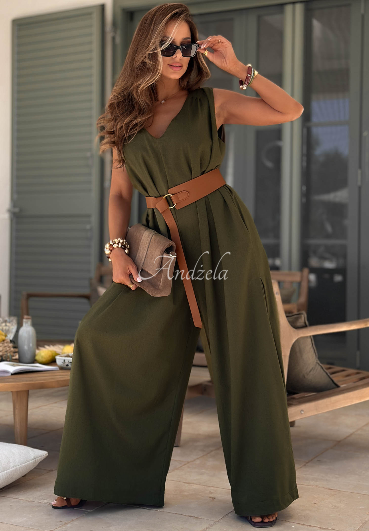 Long linen jumpsuit with wide legs and a belt by Tanala in khaki