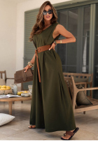 Długi lniany kombinezon z szerokimi nogawkami i paskiem Tanala khaki