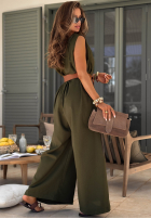 Długi lniany kombinezon z szerokimi nogawkami i paskiem Tanala khaki