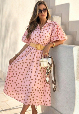 Hello Bellissima Pink Polka Dot Cotton Midi Dress with Puff Sleeves and a Belt