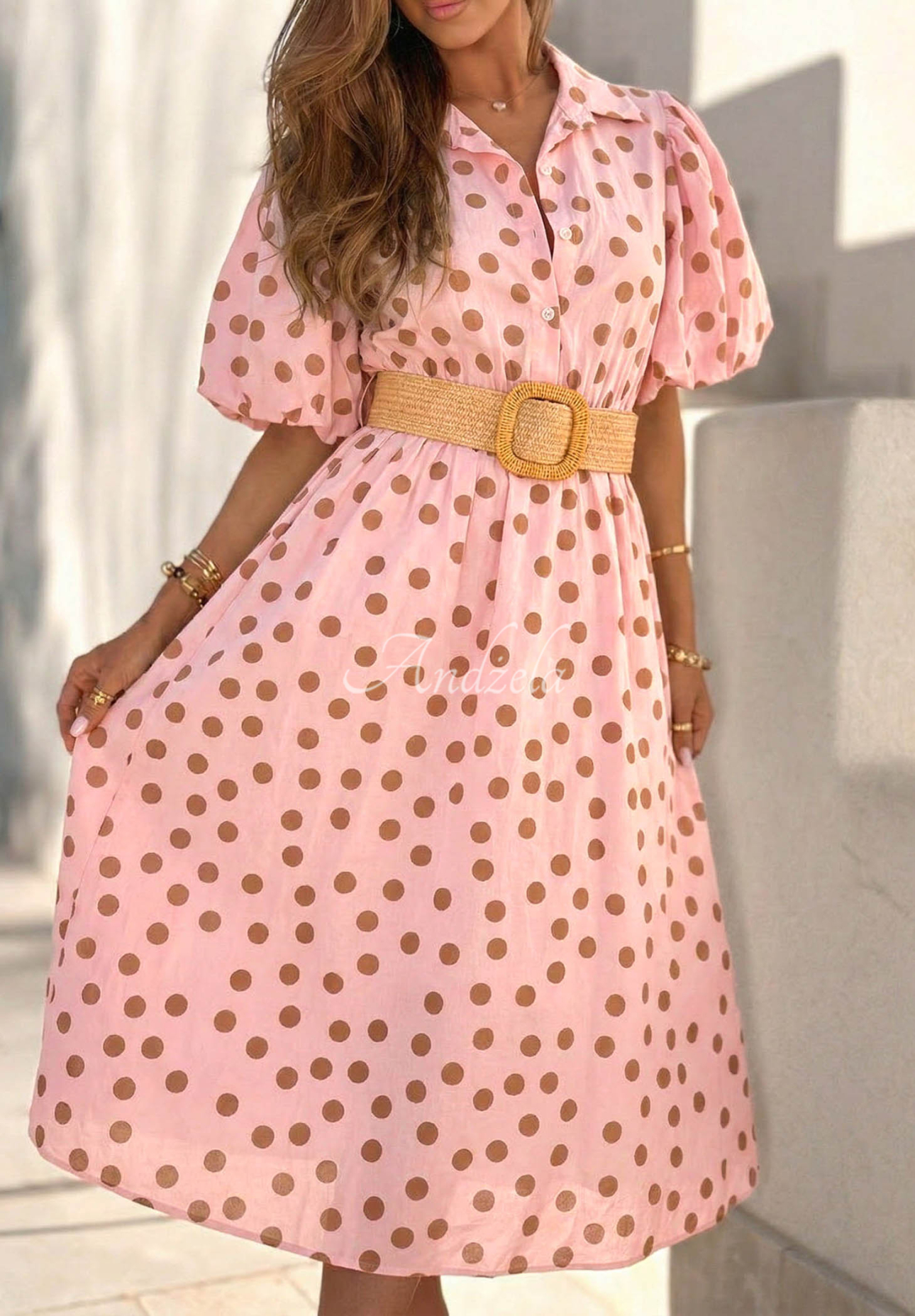 Hello Bellissima Pink Polka Dot Cotton Midi Dress with Puff Sleeves and a Belt