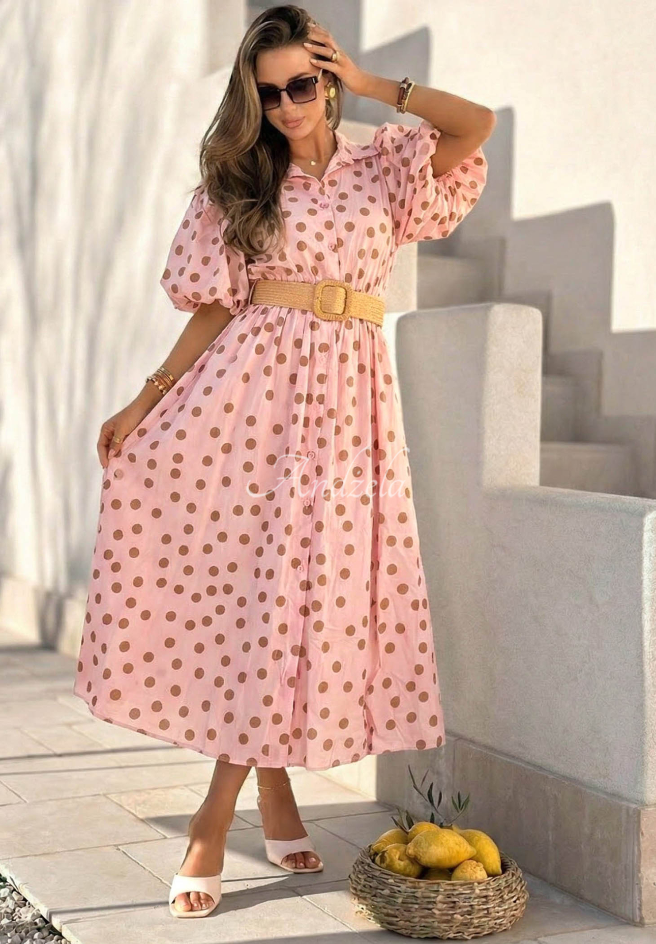 Hello Bellissima Pink Polka Dot Cotton Midi Dress with Puff Sleeves and a Belt