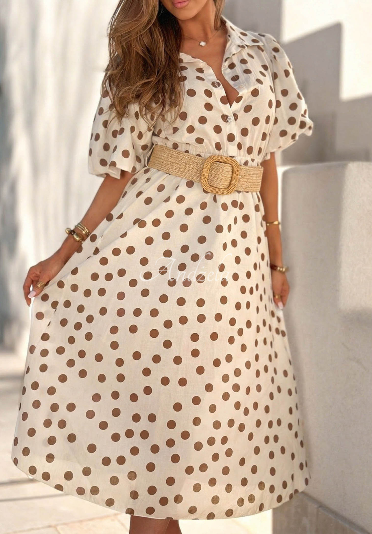 Hello Bellissima ecru cotton midi dress with polka dots, puff sleeves, and a belt