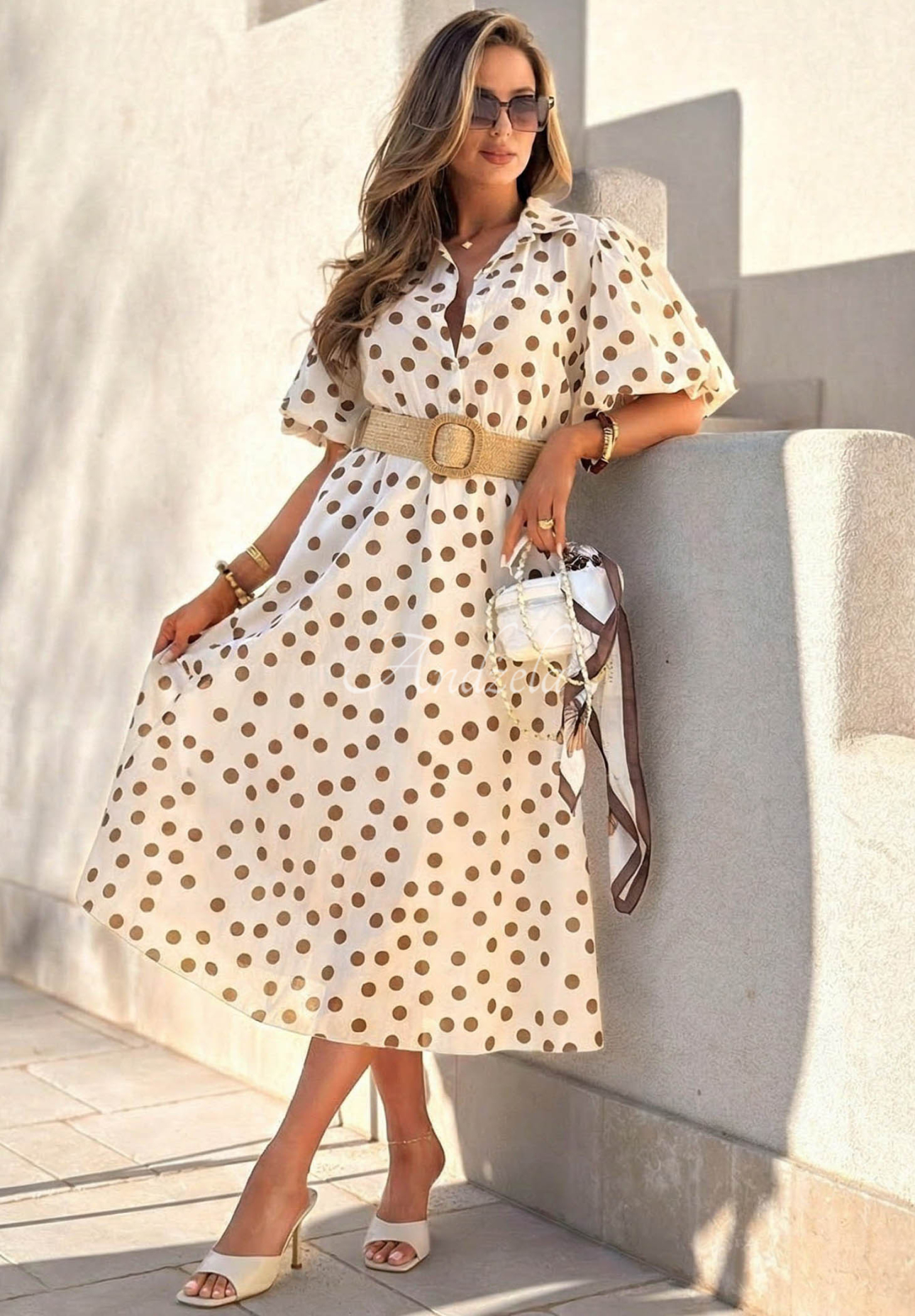 Hello Bellissima ecru cotton midi dress with polka dots, puff sleeves, and a belt
