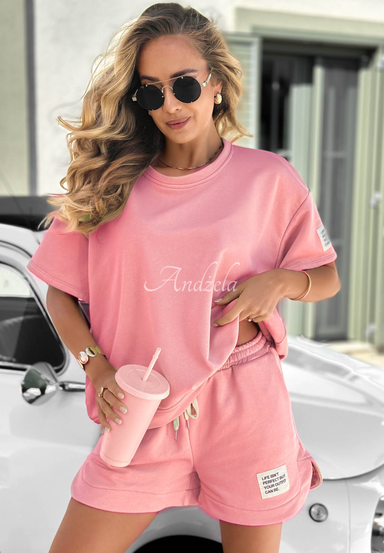 Bawełniany komplet T-shirt i krótkie spodenki Sporty Summer pudrowy róż