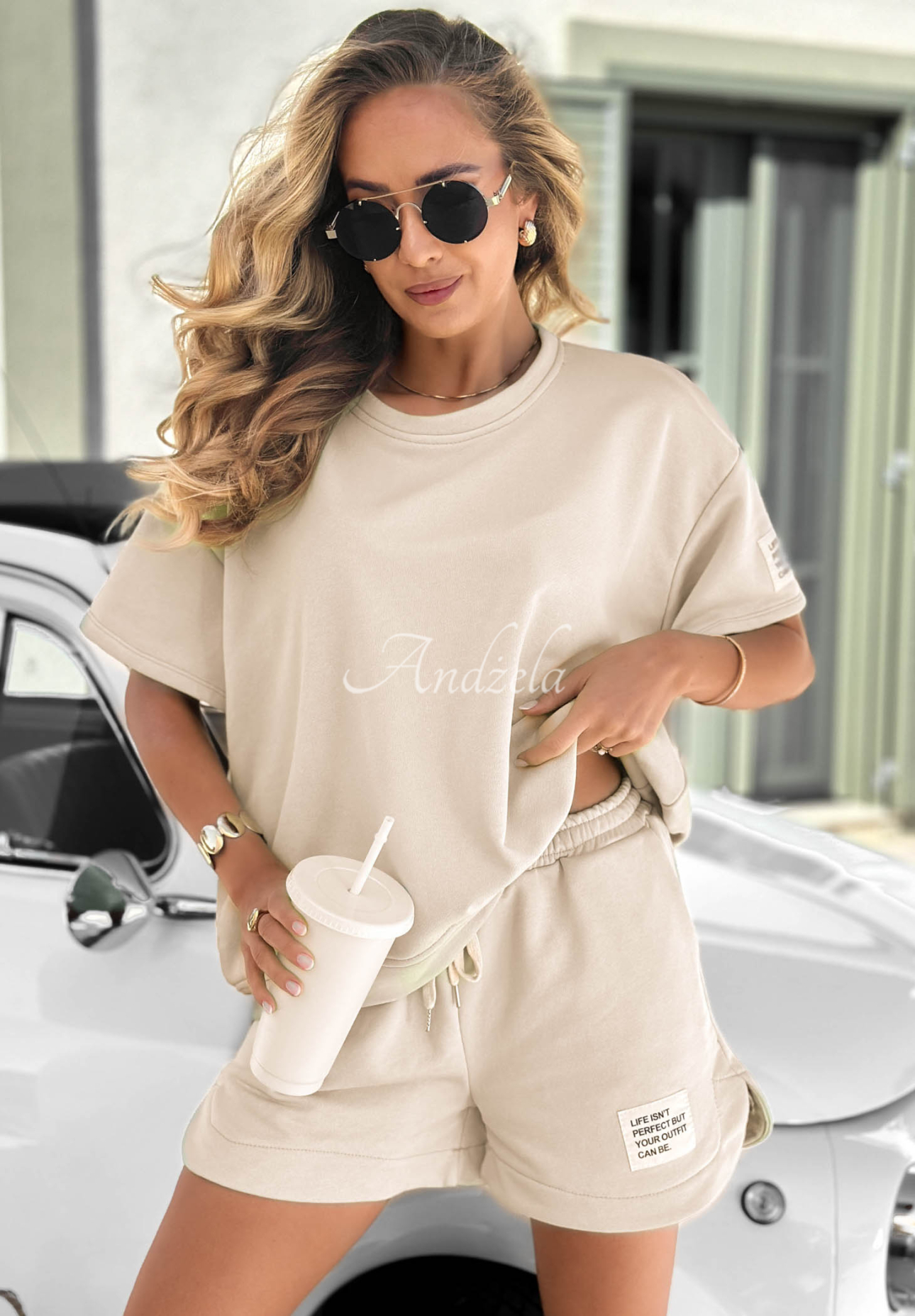 Sporty Summer Beige Cotton T-Shirt and Shorts Set