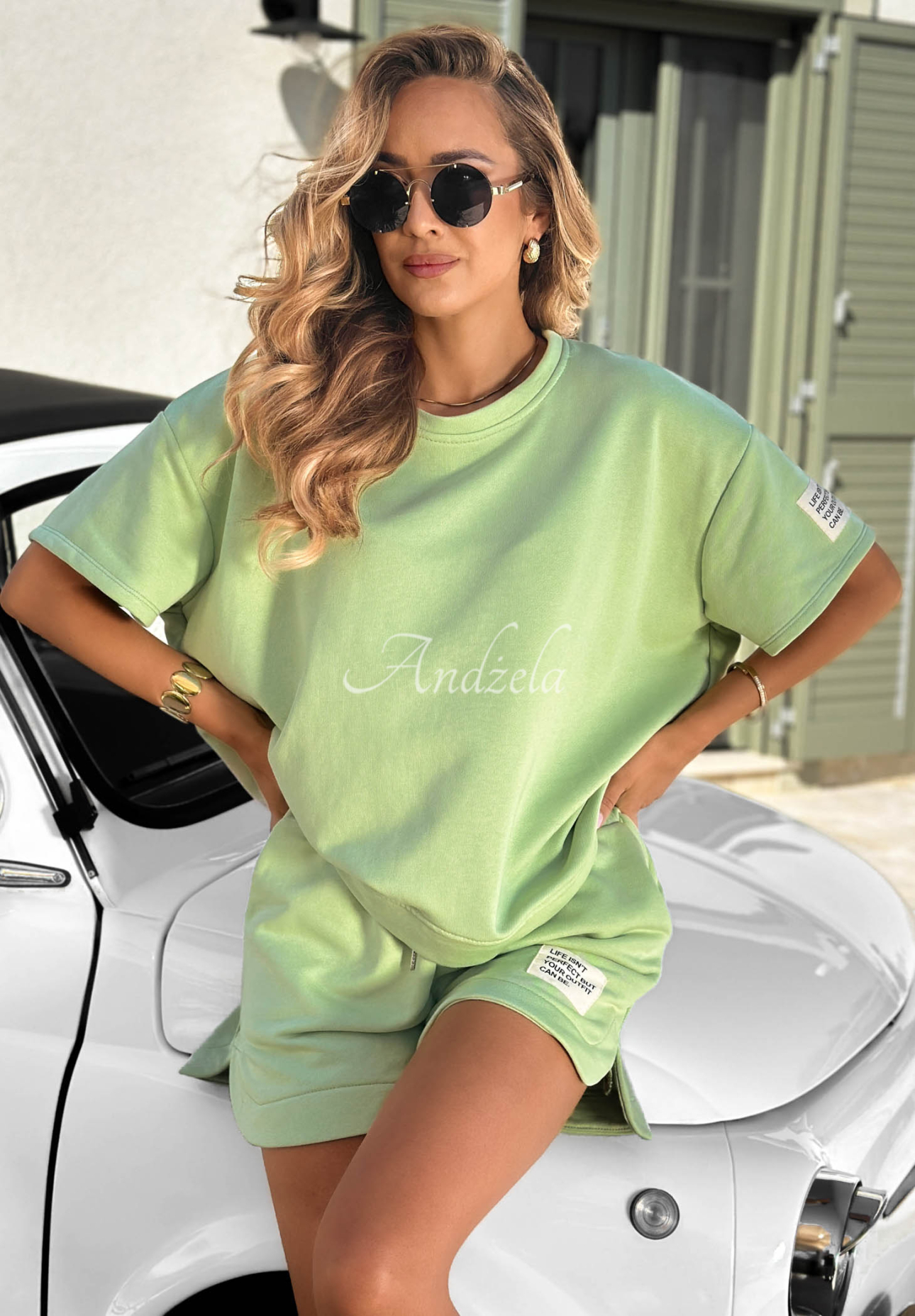 Bawełniany komplet T-shirt i krótkie spodenki Sporty Summer pistacjowy