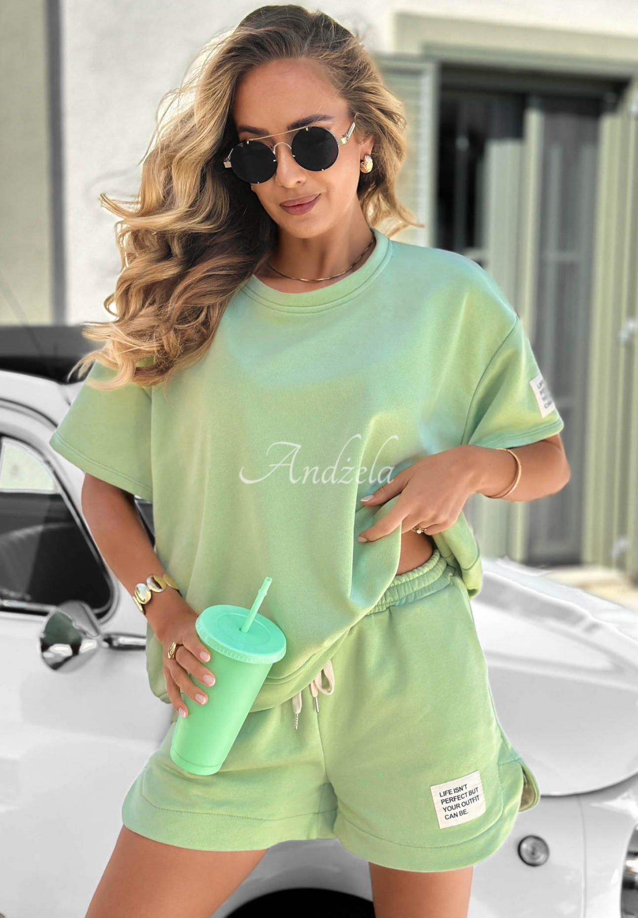 Sporty Summer Cotton T-Shirt and Shorts Set in Pistachio