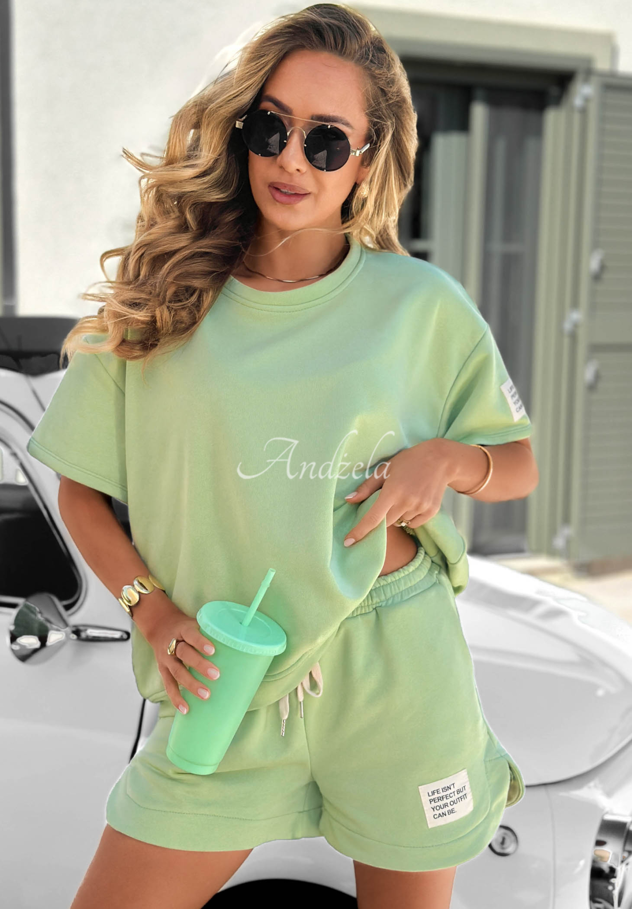 Sporty Summer Cotton T-Shirt and Shorts Set in Pistachio