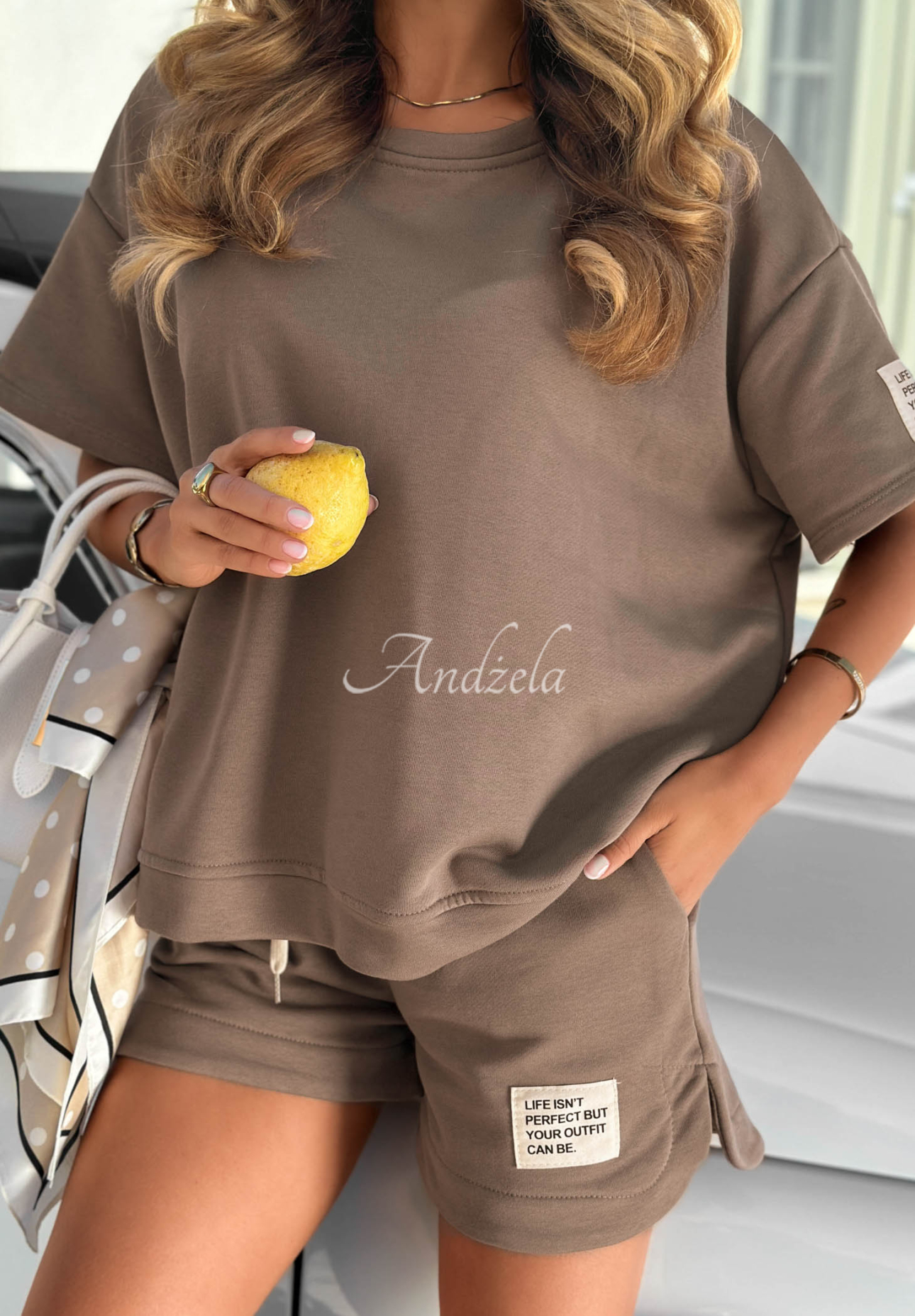 Bawełniany komplet T-shirt i krótkie spodenki Sporty Summer mokka