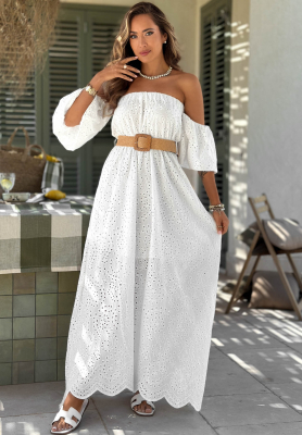 White Apulia boho-style off-the-shoulder cotton openwork dress with a belt