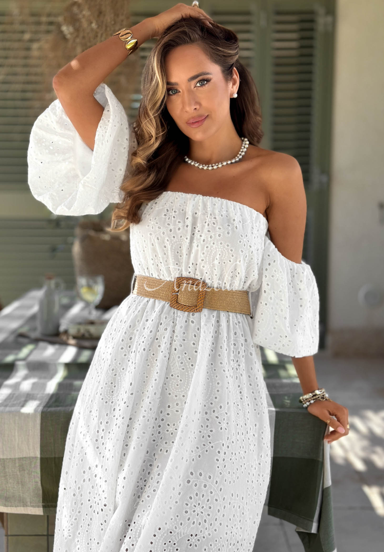 White Apulia boho-style off-the-shoulder cotton openwork dress with a belt