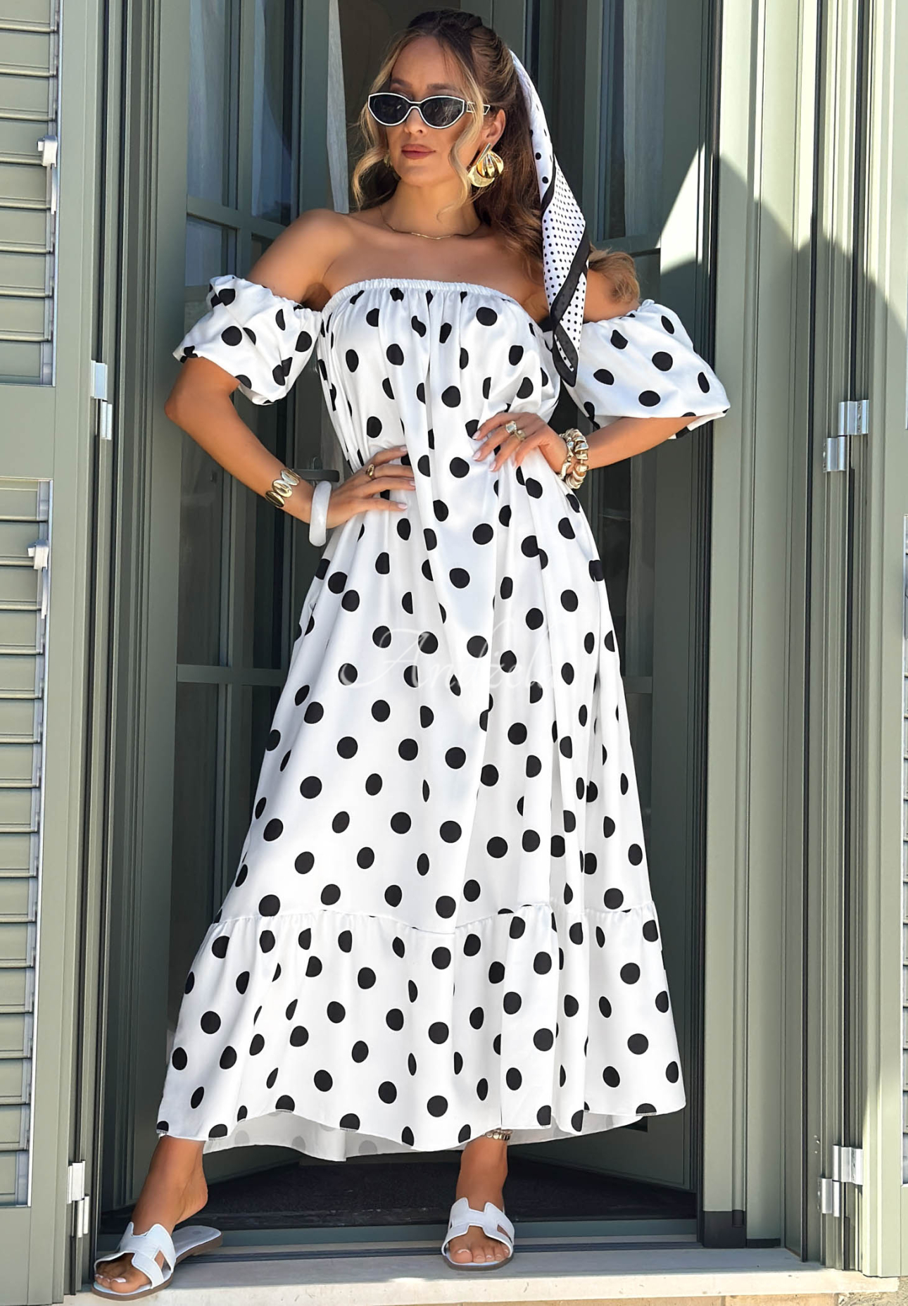 Dotty Days ecru polka-dot viscose off-the-shoulder dress