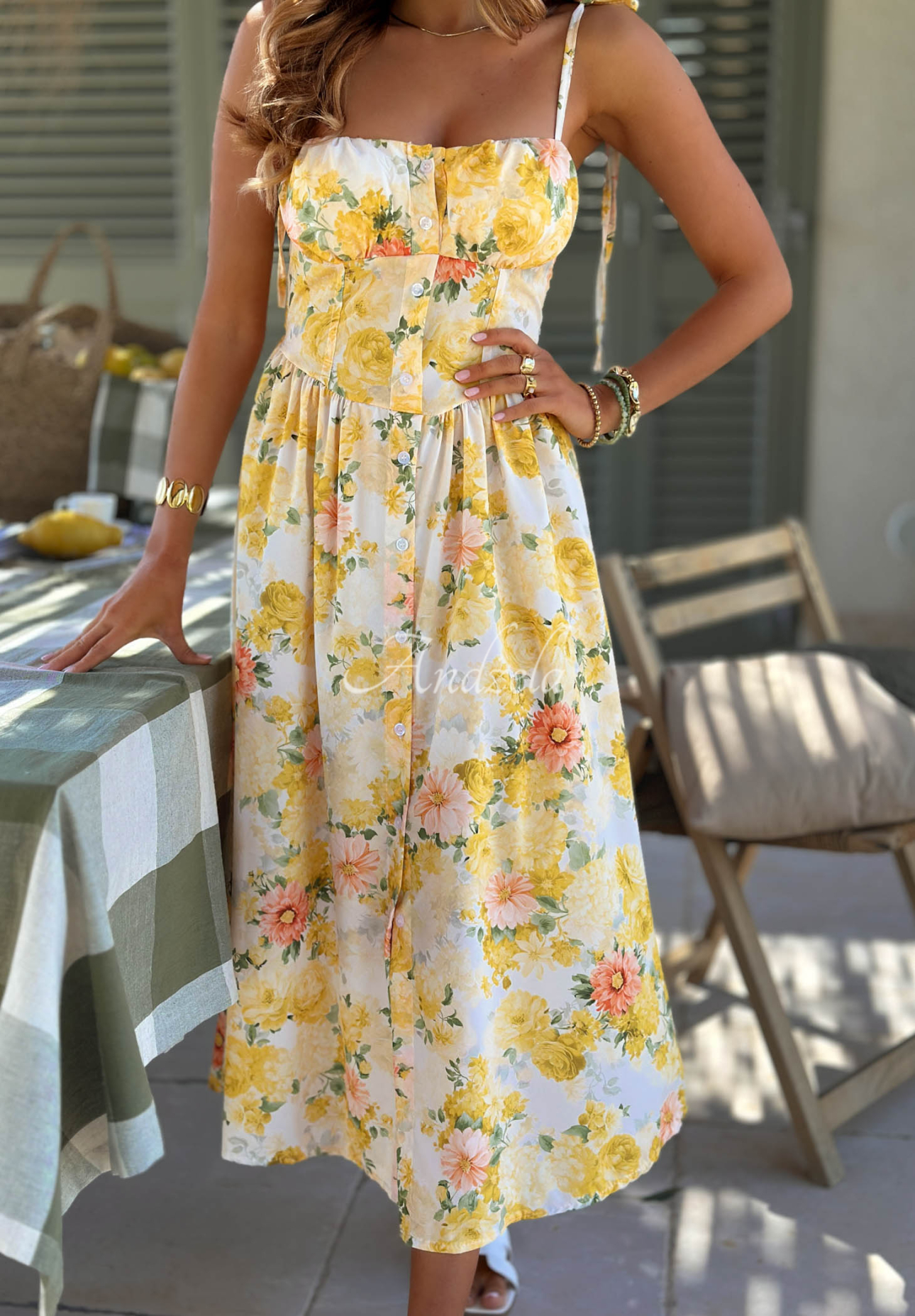 Yellow Sour Citrus floral midi dress with spaghetti straps