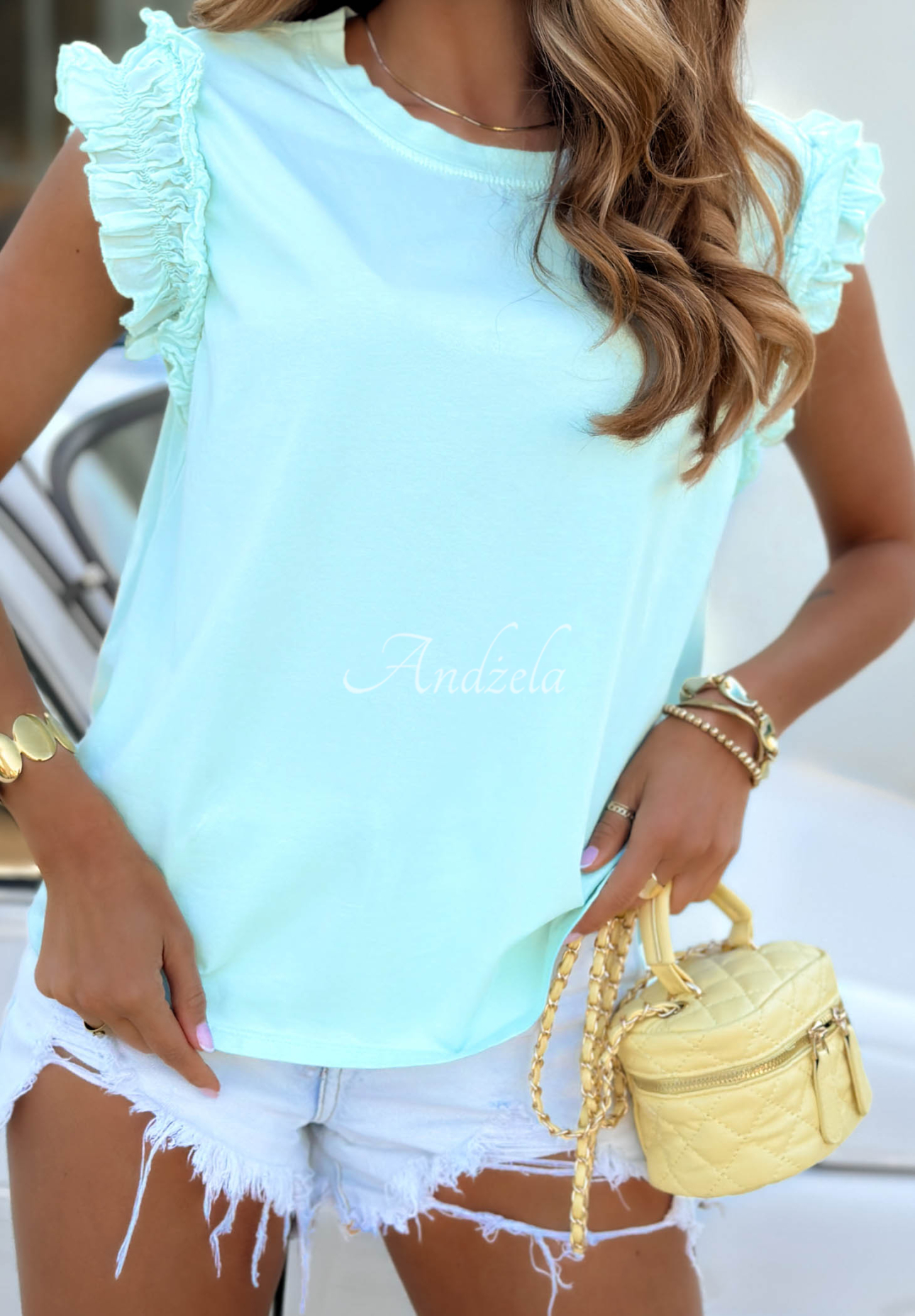Beach Dream Turquoise Cotton T-Shirt with Ruffles