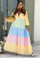 Rozkloszowana sukienka midi w kratę Ocean Sunset żółto-niebieska