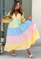 Rozkloszowana sukienka midi w kratę Ocean Sunset żółto-niebieska