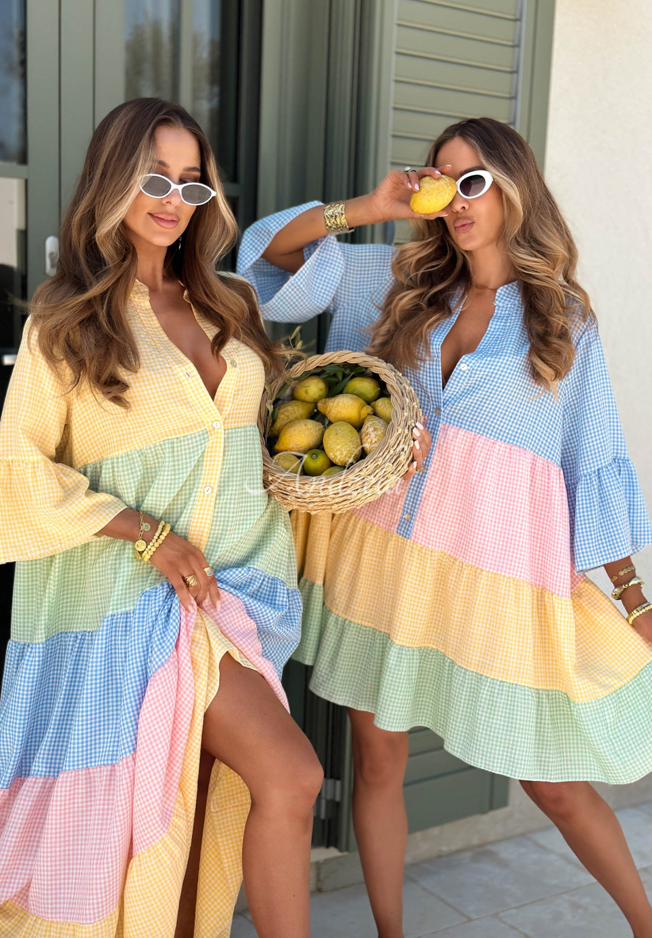 Ocean Sunset Blue and Pink Checkered Viscose Flared Mini Dress