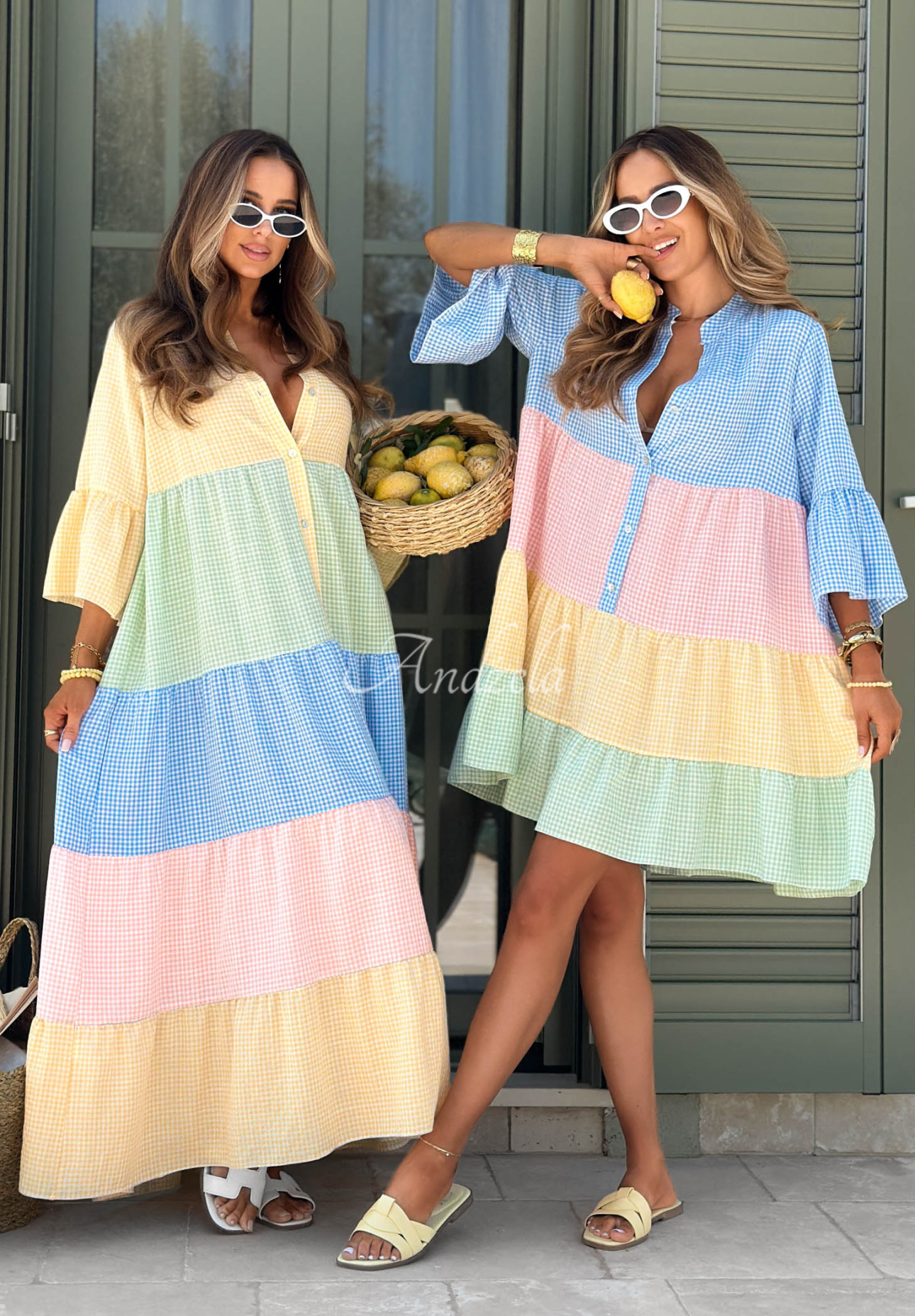 Ocean Sunset Blue and Pink Checkered Viscose Flared Mini Dress