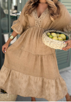 Sukienka maxi z ażurowymia akcentami boho Tuscan Sunshine camelowa
