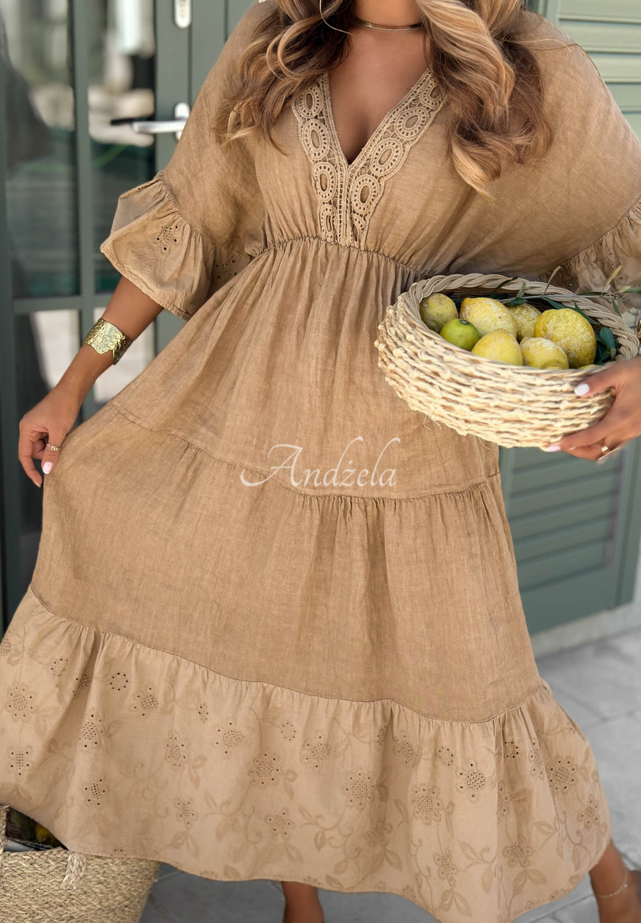 Camel-colored Tuscan Sunshine linen maxi dress with boho-style openwork details