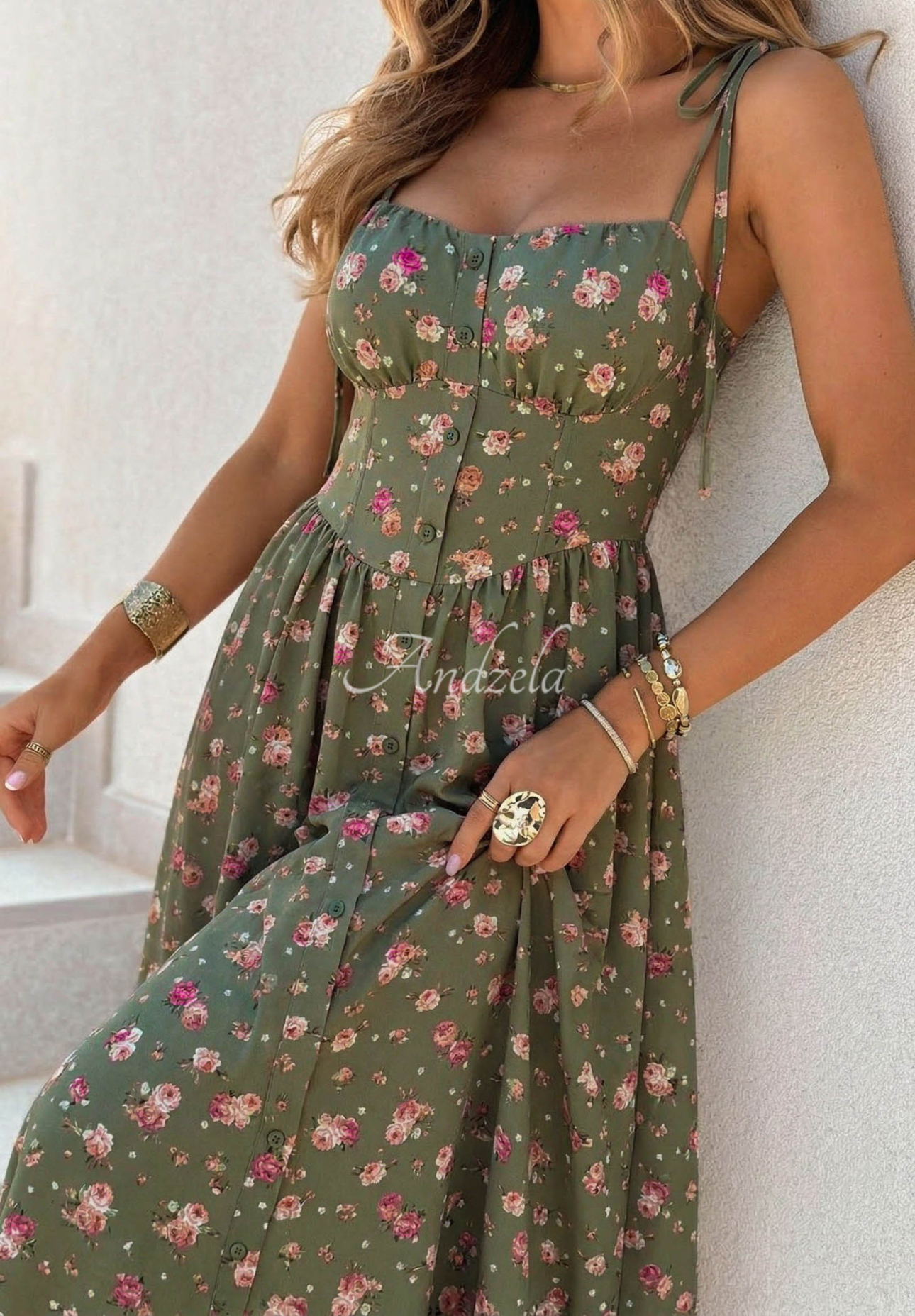 Sour Citrus khaki floral midi dress with spaghetti straps