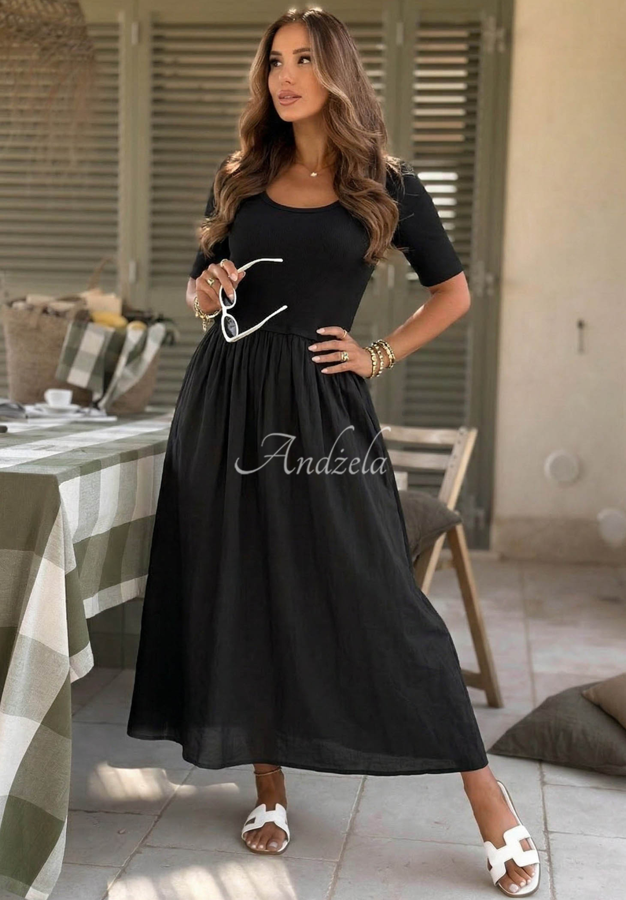 Primavera Mia Black Airy Cotton Midi Dress