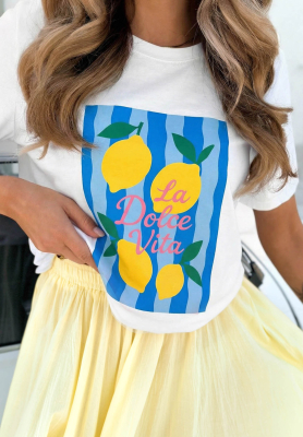La Lemone White and Blue Printed Cotton T-Shirt